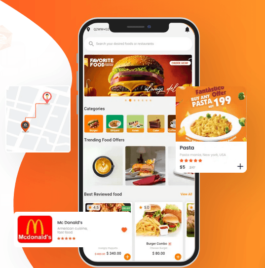 Mobile food delivery app interface on a smartphone showing restaurant offers and map location.