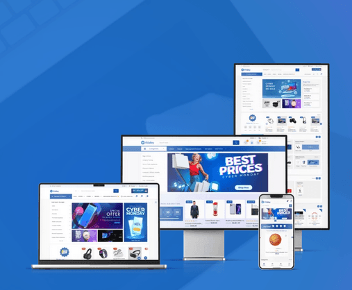 Desktop, laptop, and smartphone displaying an online shopping website with sales banners on a blue background.