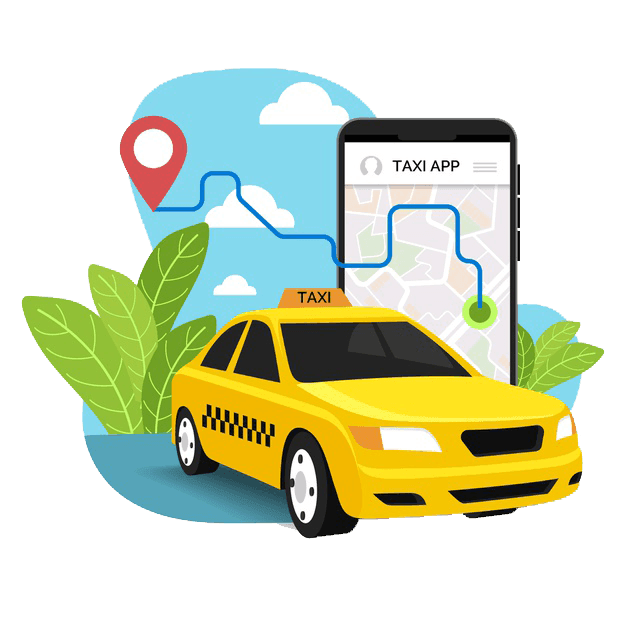 Illustration of a taxi and smartphone with map and GPS route, representing a taxi app.