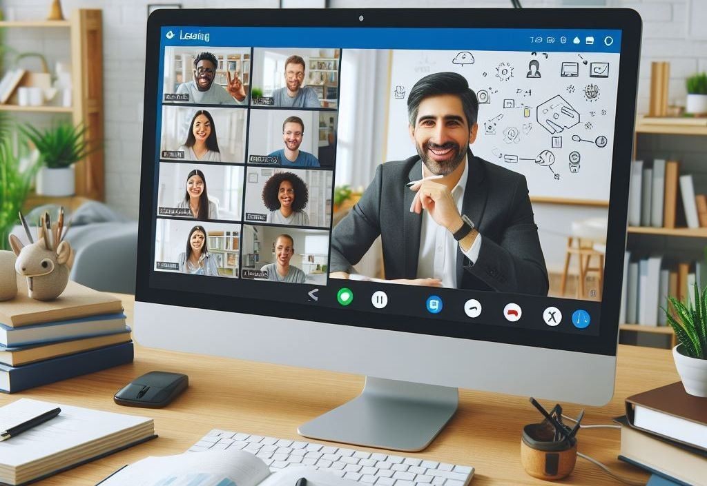 Computer screen displaying a virtual meeting with multiple participants in a home office setting.