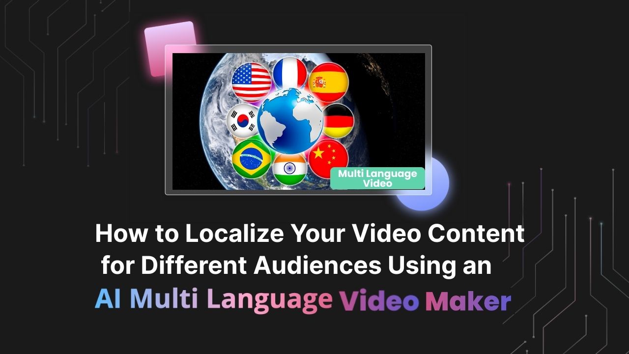 AI multi-language video maker concept with globe and various international flags.