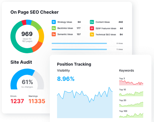 SEO analytics dashboard showing charts and graphs for checkers, audits, and position tracking.