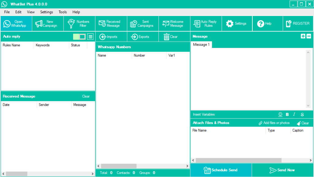 Screenshot of WhatBot Plus software interface featuring various options for managing WhatsApp messages and campaigns.