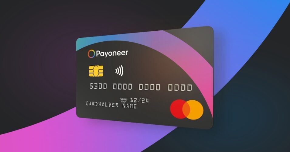 Illustration of a Payoneer prepaid card with colorful design on a dark background.