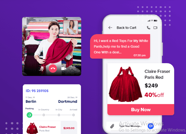 Digital shopping interface with red dress selection, chat assistance, and shipping details.