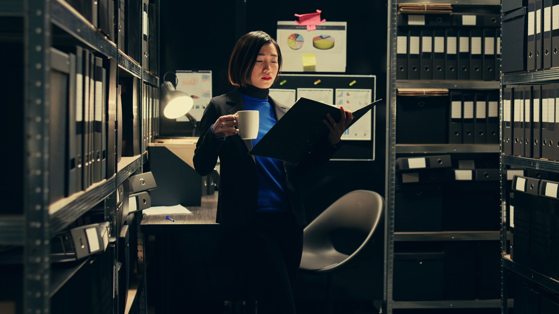 Portrait of investigator tracking financial transactions registered in the archives